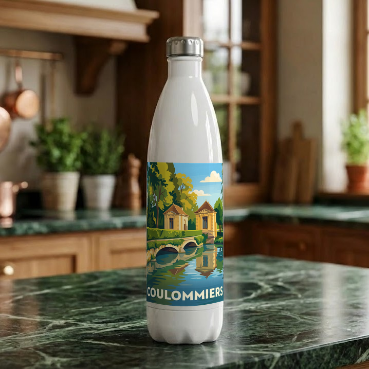 Gourde souvenir de la ville de Coulommiers avec une illustration de paysage stylisée.