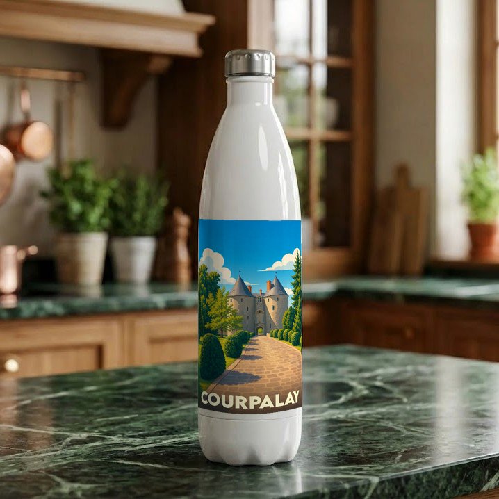 Gourde blanche souvenir de la ville de Courpalay ornée d'une illustration stylisée de son château.