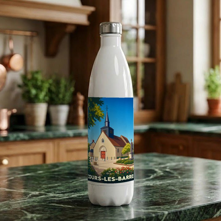 Gourde blanche souvenir de la ville de Cours-les-Barres avec une illustration stylisée de son église.