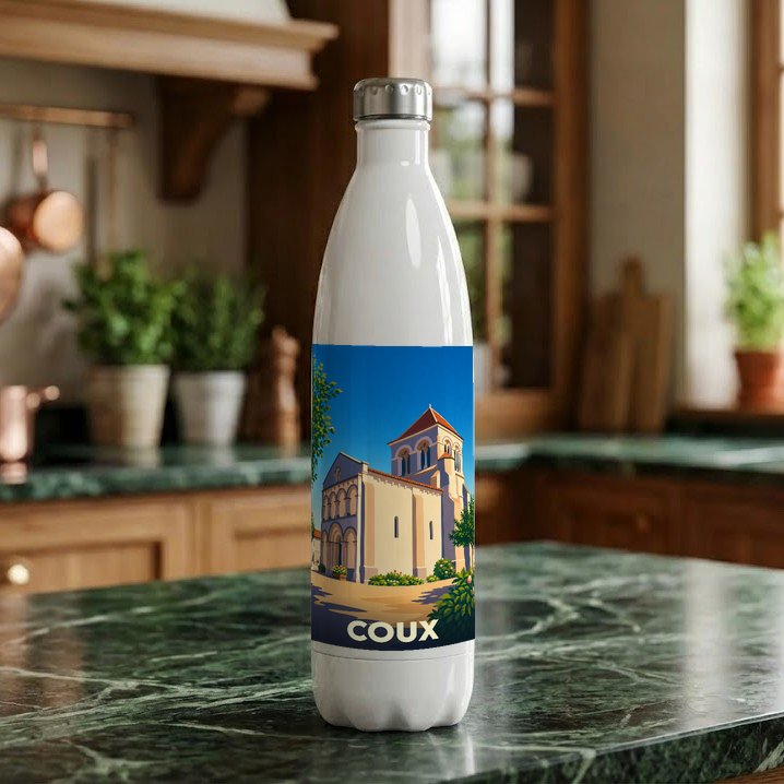 Gourde blanche souvenir de la ville de Coux ornée d'une illustration stylisée de son église.