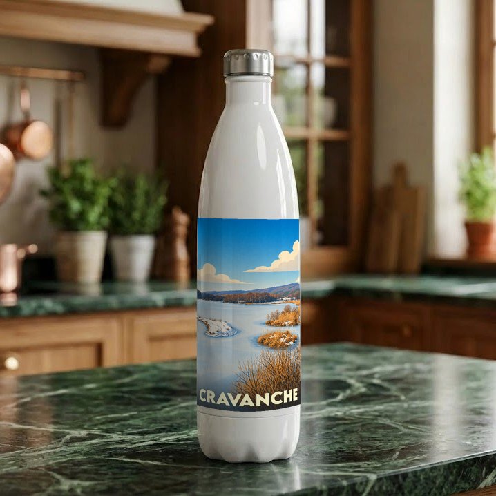 Gourde souvenir de la ville de Cravanche avec une illustration hivernale stylisée.