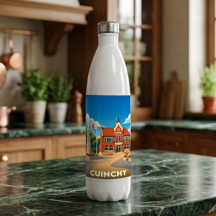 Gourde blanche souvenir de la ville de Cuinchy ornée d'une illustration stylisée de son hôtel de ville.