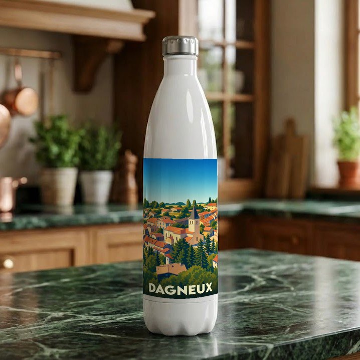 Gourde souvenir de la ville de Dagneux ornée d'une illustration stylisée du village.