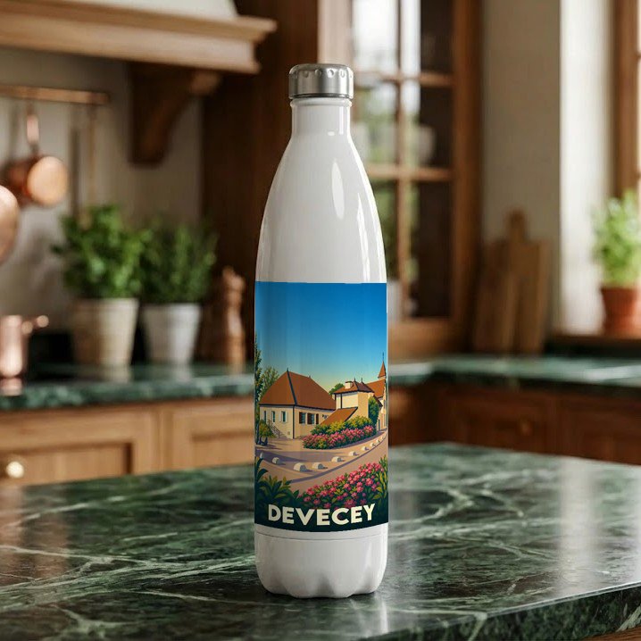 Gourde souvenir de la ville de Devecey avec une illustration stylisée.