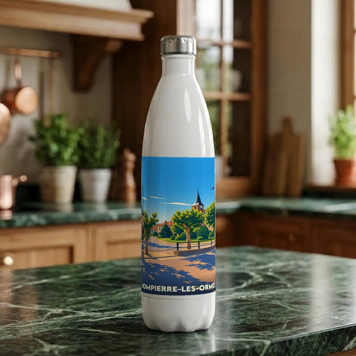 Gourde souvenir de la ville de Dompierre-les-Ormes avec une illustration stylisée.