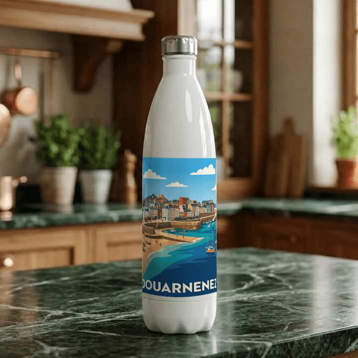 Gourde souvenir de la ville de Douarnenez avec une illustration stylisée.