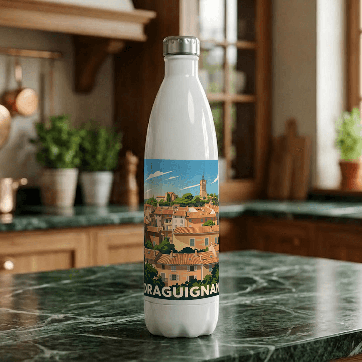 Gourde souvenir de la ville de Draguignan avec une illustration stylisée.