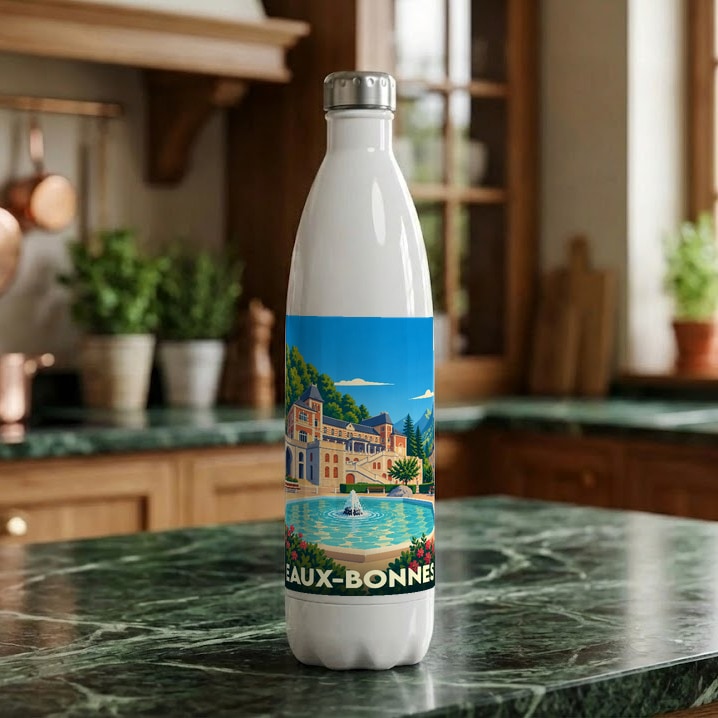 Gourde souvenir de la ville de Eaux-Bonnes ornée d'une illustration stylisée de son architecture et d'une fontaine.