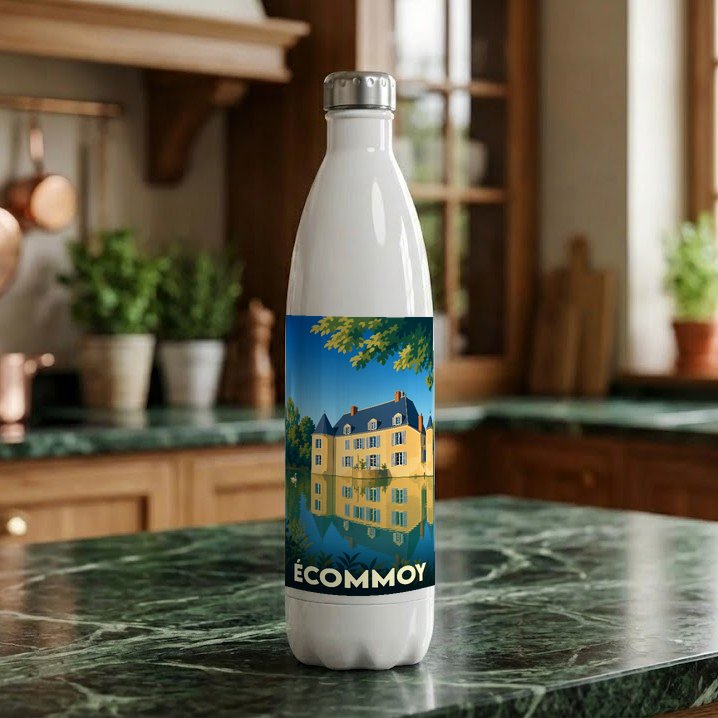 Gourde souvenir de la ville d'Écommoy avec une illustration stylisée d'un château se reflétant dans l'eau.