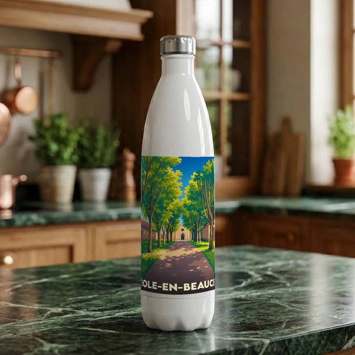 Gourde souvenir de la ville d’Éole-en-Beauce avec une illustration stylisée d’une allée arborée.