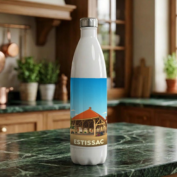 Gourde souvenir de la ville d'Estissac avec une illustration stylisée de sa halle traditionnelle.