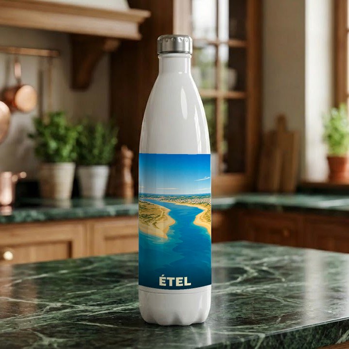 Gourde souvenir de la ville d'Étel avec une illustration stylisée de son paysage côtier.