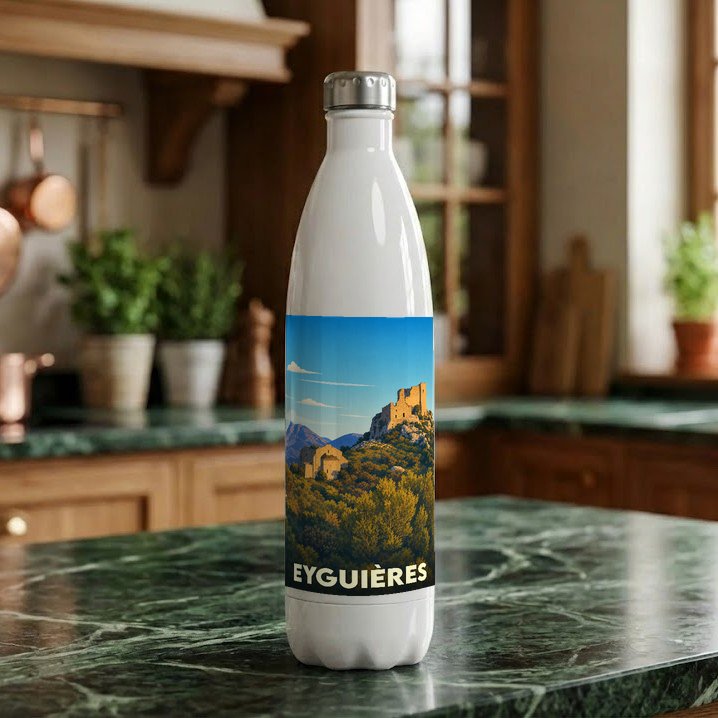 Gourde souvenir de la ville de Eyguières ornée d'une illustration de paysage provençal.