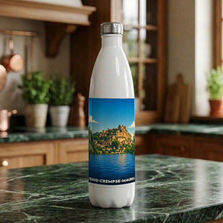Gourde souvenir de la ville d'Eyraud-Crempse-Maurens avec une illustration stylisée de son paysage.