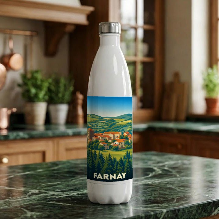 Gourde souvenir de la ville de Farnay avec une illustration paysagère stylisée.