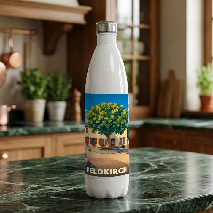 Gourde souvenir de la ville de Feldkirch avec une illustration stylisée d'une place arborée.