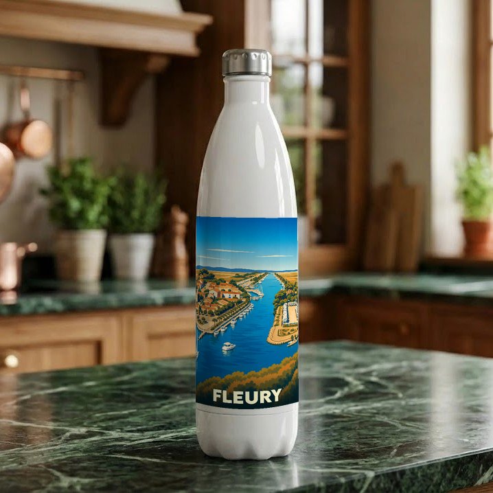 Gourde souvenir de la ville de Fleury avec une illustration stylisée de son port.