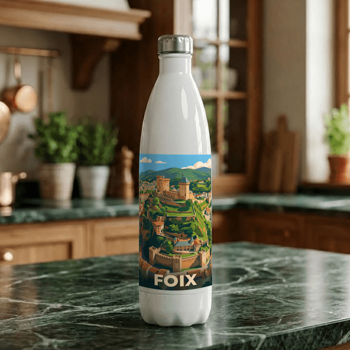 Gourde souvenir de la ville de Foix avec une illustration stylisée.
