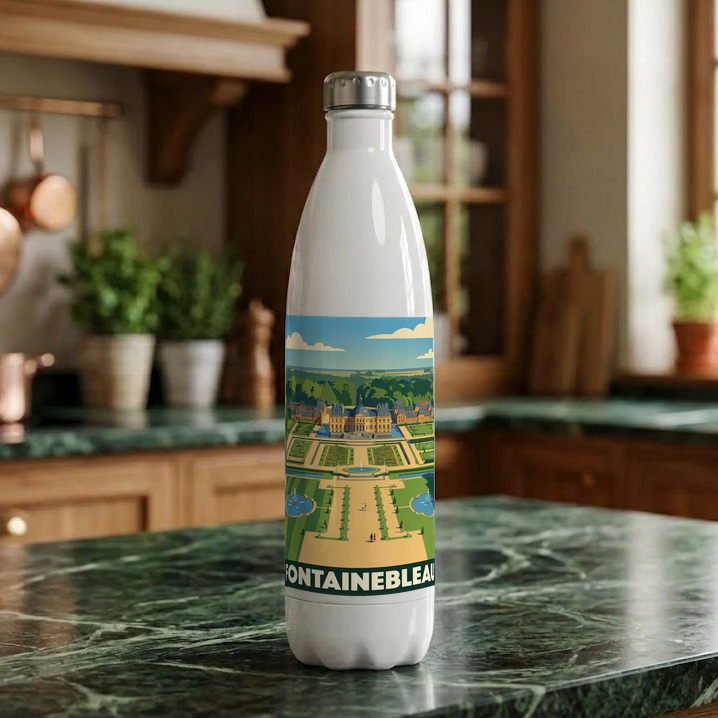 Gourde souvenir de la ville de Fontainebleau avec une illustration stylisée de son château et de ses jardins.