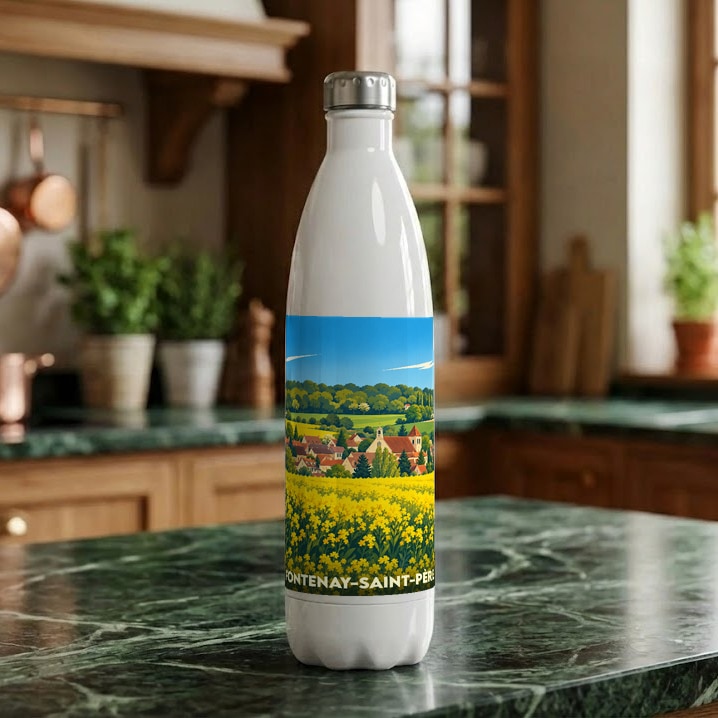 Gourde souvenir de la ville de Fontenay-Saint-Père avec une illustration stylisée d'un champ de fleurs et d'un village.