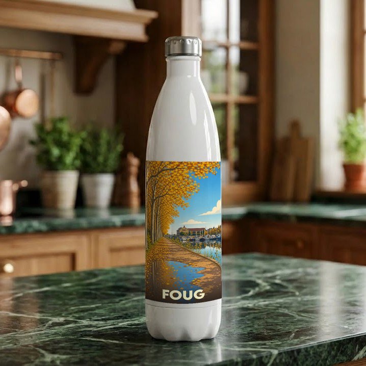 Gourde souvenir de la ville de Foug avec une illustration automnale stylisée.