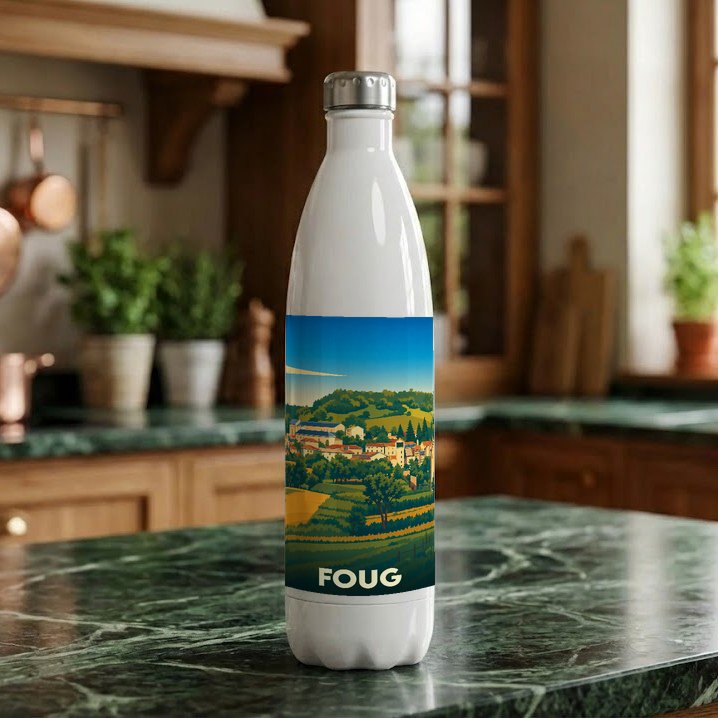 Gourde souvenir de la ville de Foug avec une illustration stylisée de son paysage urbain et rural.