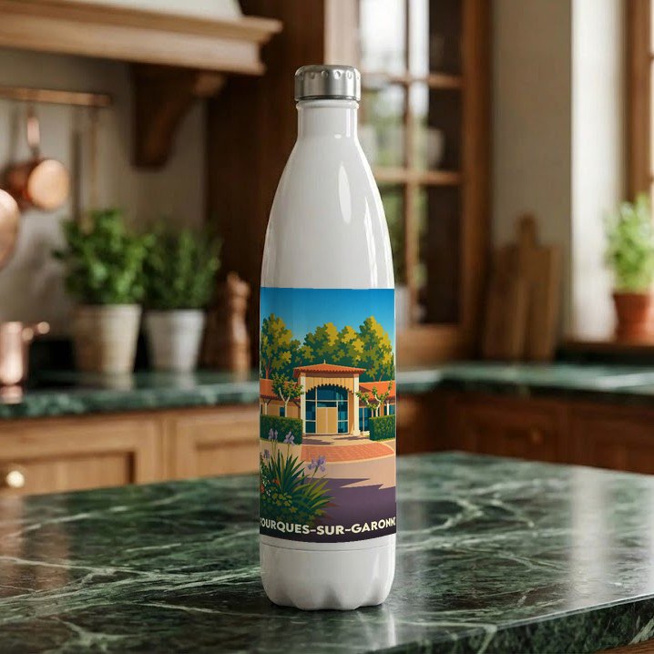 Gourde souvenir de la ville de Fourques-sur-Garonne avec une illustration stylisée.