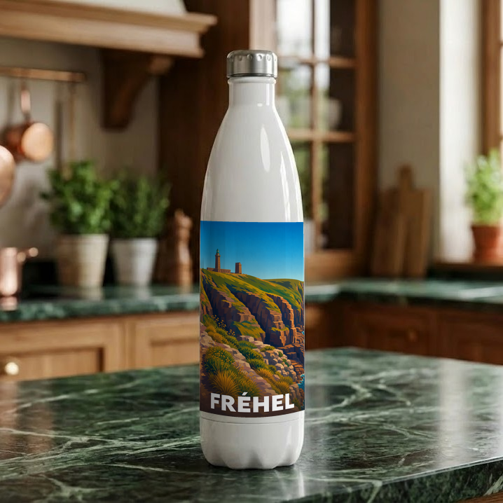 Gourde souvenir de la ville de Fréhel avec une illustration stylisée.