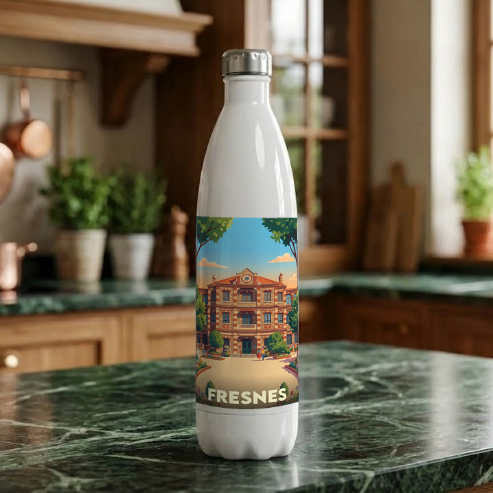 Gourde souvenir de la ville de Fresnes avec une illustration stylisée.