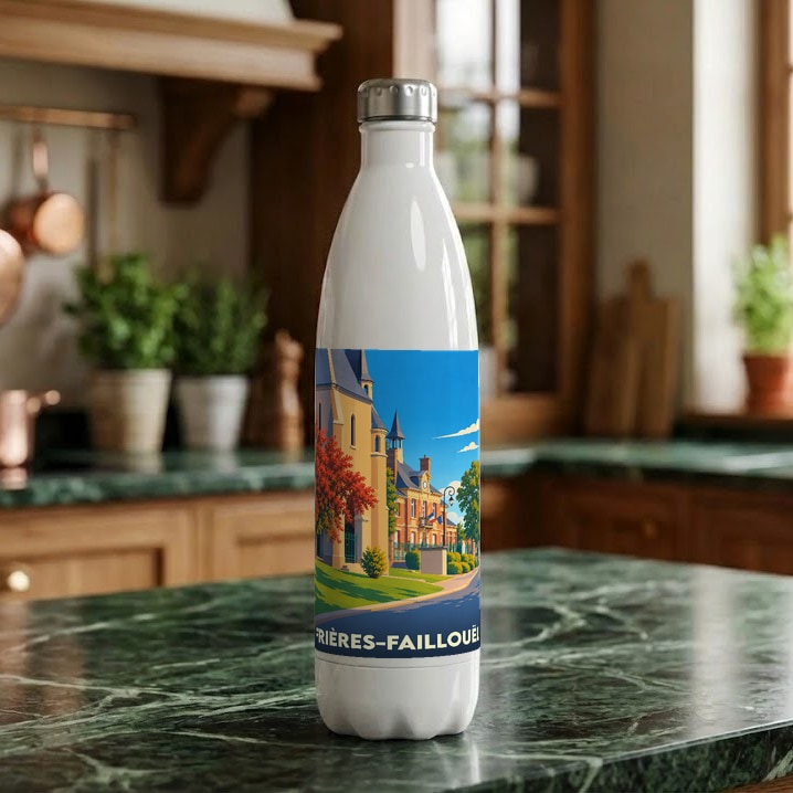 Gourde blanche souvenir de Frières-Faillouël illustrée d'un paysage urbain coloré.
