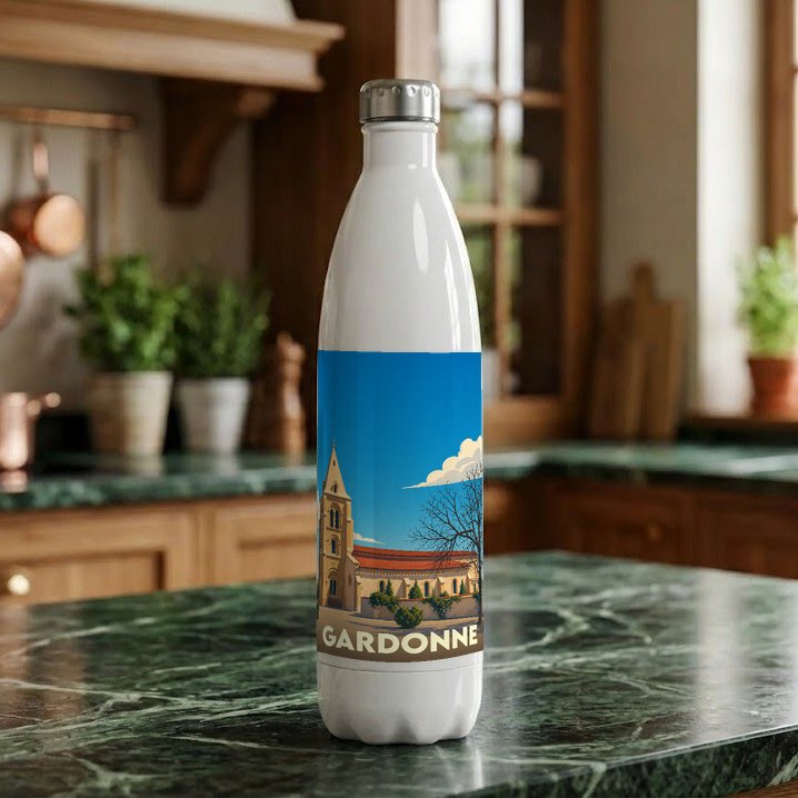 Gourde blanche souvenir de la ville de Gardonne avec une illustration stylisée de son église.