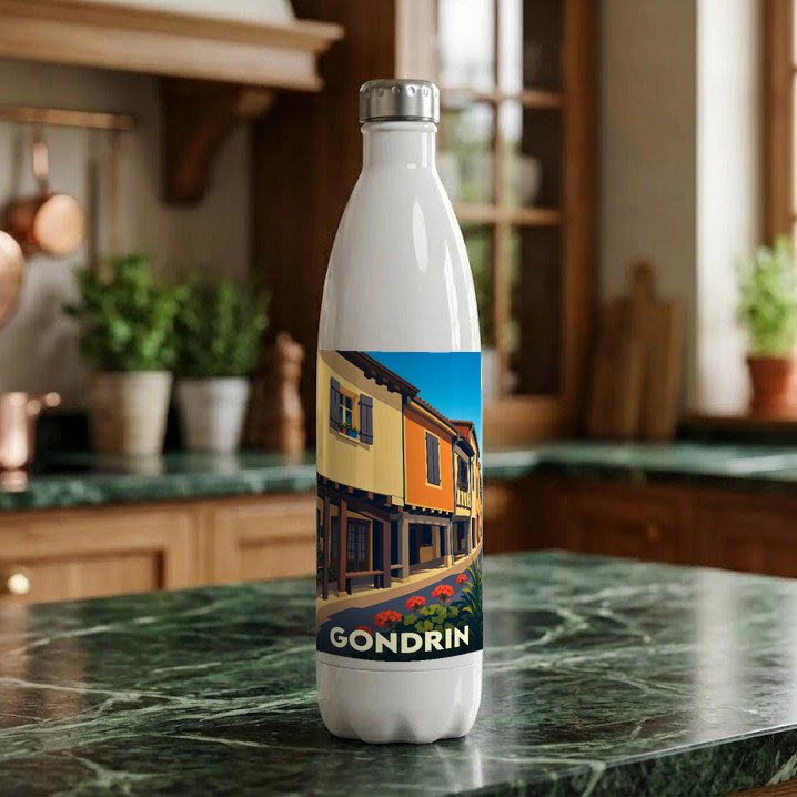 Gourde blanche souvenir de la ville de Gondrin avec une illustration stylisée de maisons colorées.