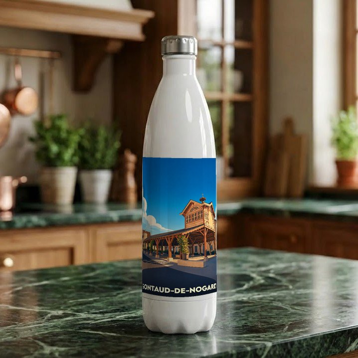 Gourde souvenir de la ville de Gontaud-de-Nogaret avec une illustration stylisée de sa halle traditionnelle.