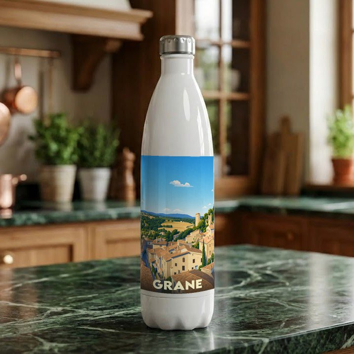 Gourde souvenir de la ville de Grane avec une illustration stylisée d'un village perché.