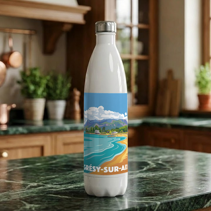 Gourde souvenir de la ville de Grésy-sur-Aix avec une illustration de paysage stylisée.