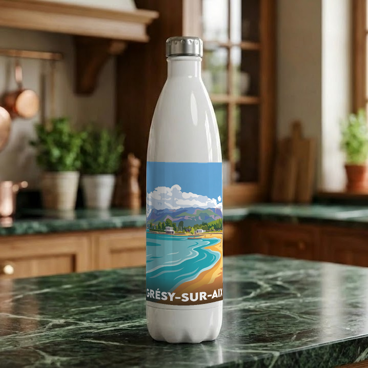 Gourde souvenir de la ville de Grésy-sur-Aix avec une illustration de paysage stylisée.