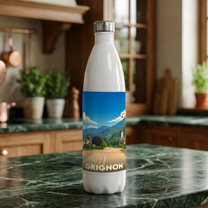 Gourde blanche souvenir de la ville de Grignon avec une illustration de paysage stylisée.