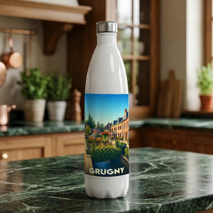 Gourde souvenir de la ville de Grugny ornée d'une illustration stylisée de ses paysages.