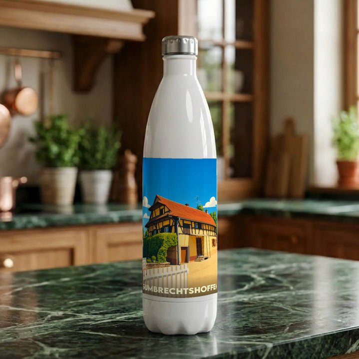 Gourde souvenir de la ville de Gumbrechtshoffen illustrée d'une maison à colombages traditionnelle.