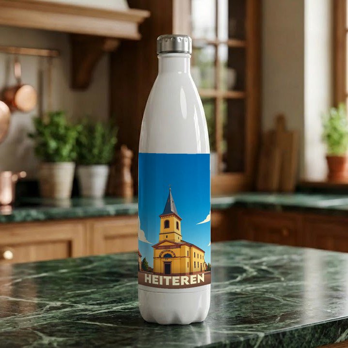 Gourde souvenir de la ville de Heiteren avec une illustration stylisée de son église.