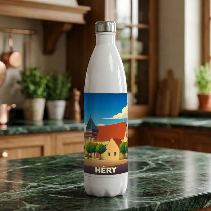 Gourde souvenir de la ville de Héry avec une illustration stylisée.