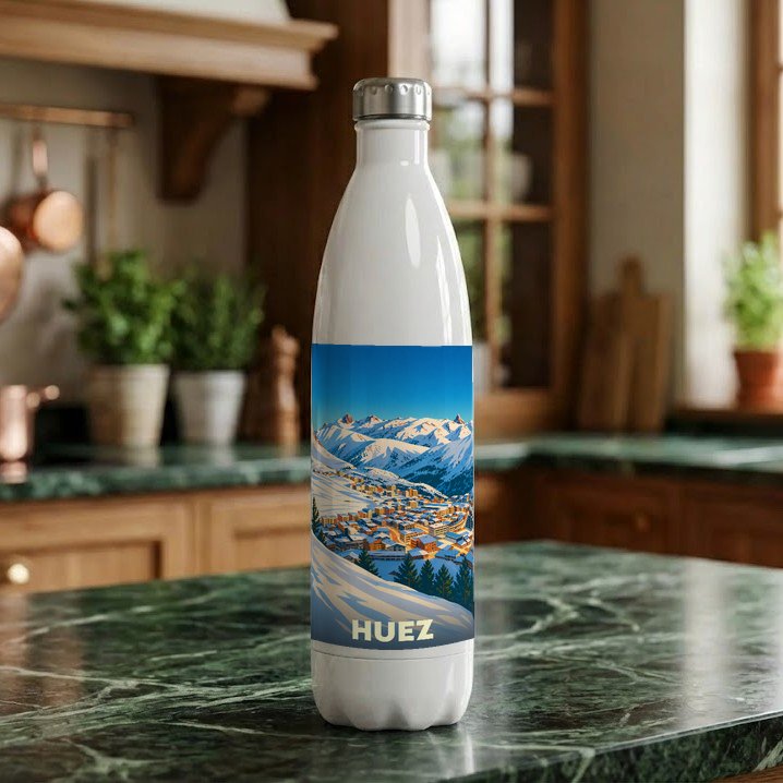 Gourde blanche souvenir de la ville de Huez arborant une illustration stylisée de la station de ski.