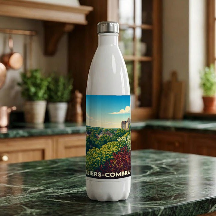 Gourde blanche souvenir d'Illiers-Combray avec une illustration de paysage champêtre et château.