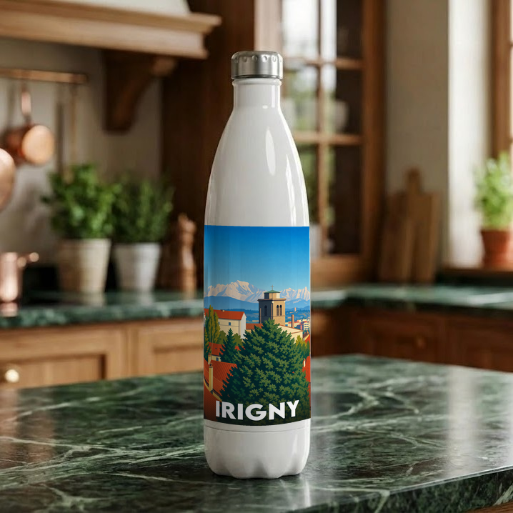 Gourde souvenir de la ville d'Irigny avec une illustration stylisée d'un paysage urbain et montagneux.