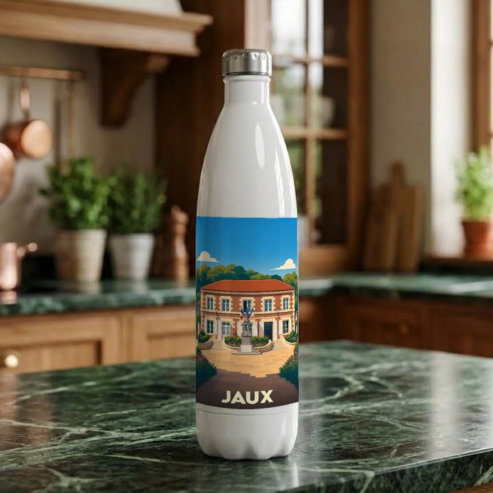 Gourde souvenir de la ville de Jaux avec une illustration stylisée de sa mairie.