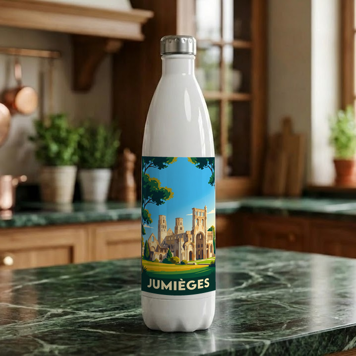 Gourde souvenir de la ville de Jumièges avec une illustration stylisée de son abbaye.