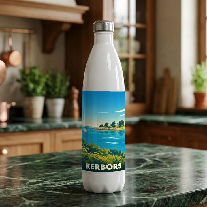 Gourde souvenir de la ville de Kerbors avec une illustration stylisée de son paysage côtier.