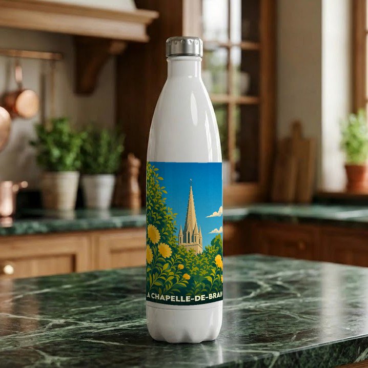 Gourde souvenir de la ville de La Chapelle-de-Brain avec une illustration stylisée de son église à travers les fleurs.