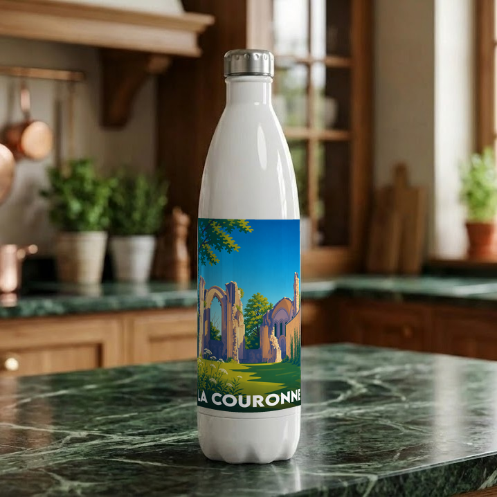 Gourde souvenir de la ville de La Couronne avec une illustration stylisée d'abbaye.