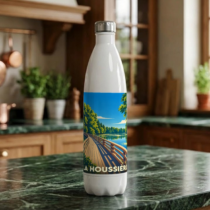 Gourde souvenir de la ville de La Houssière avec une illustration stylisée.